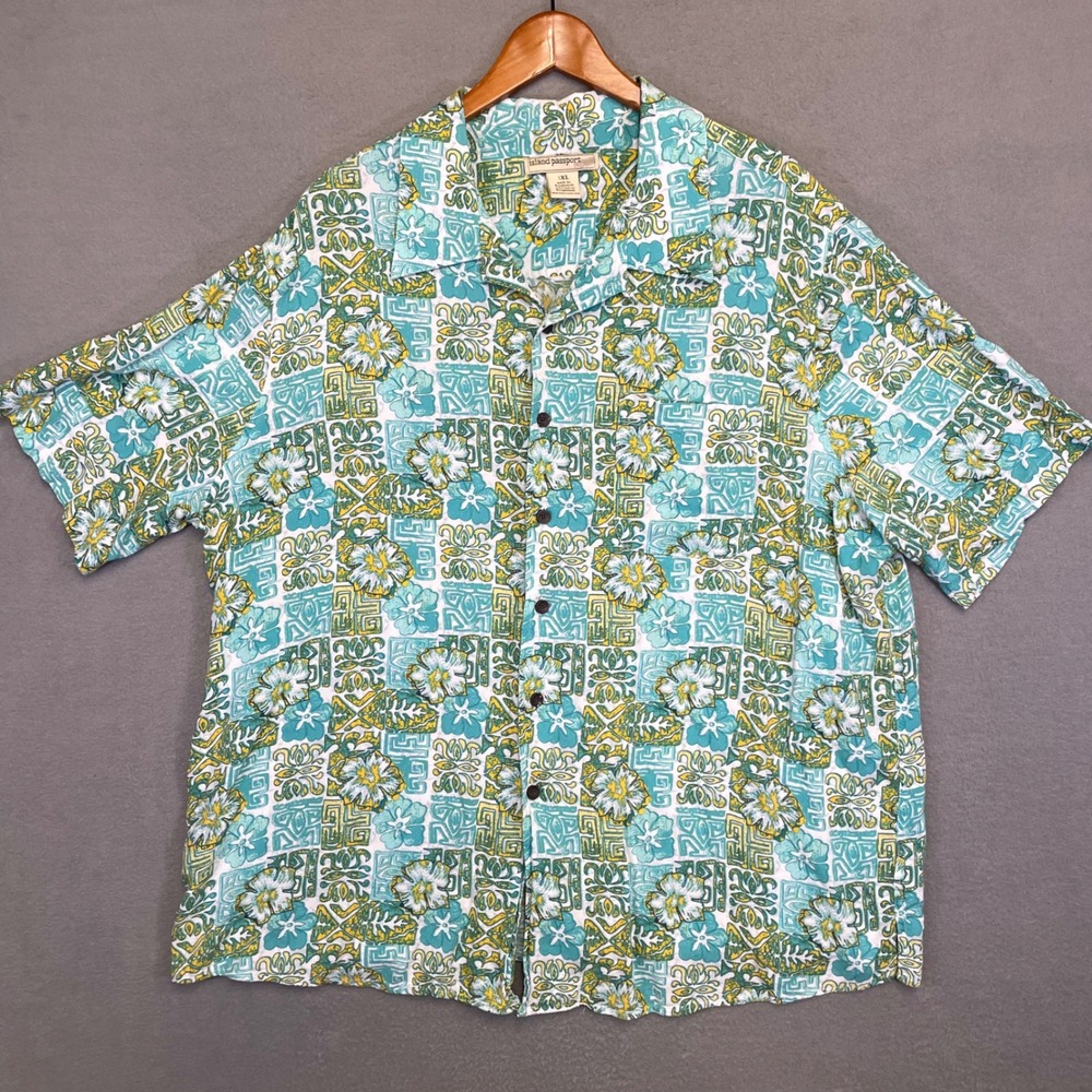 Island Passport Hawaiian Shirt Mens XL White Teal Floral Tribal Button Up